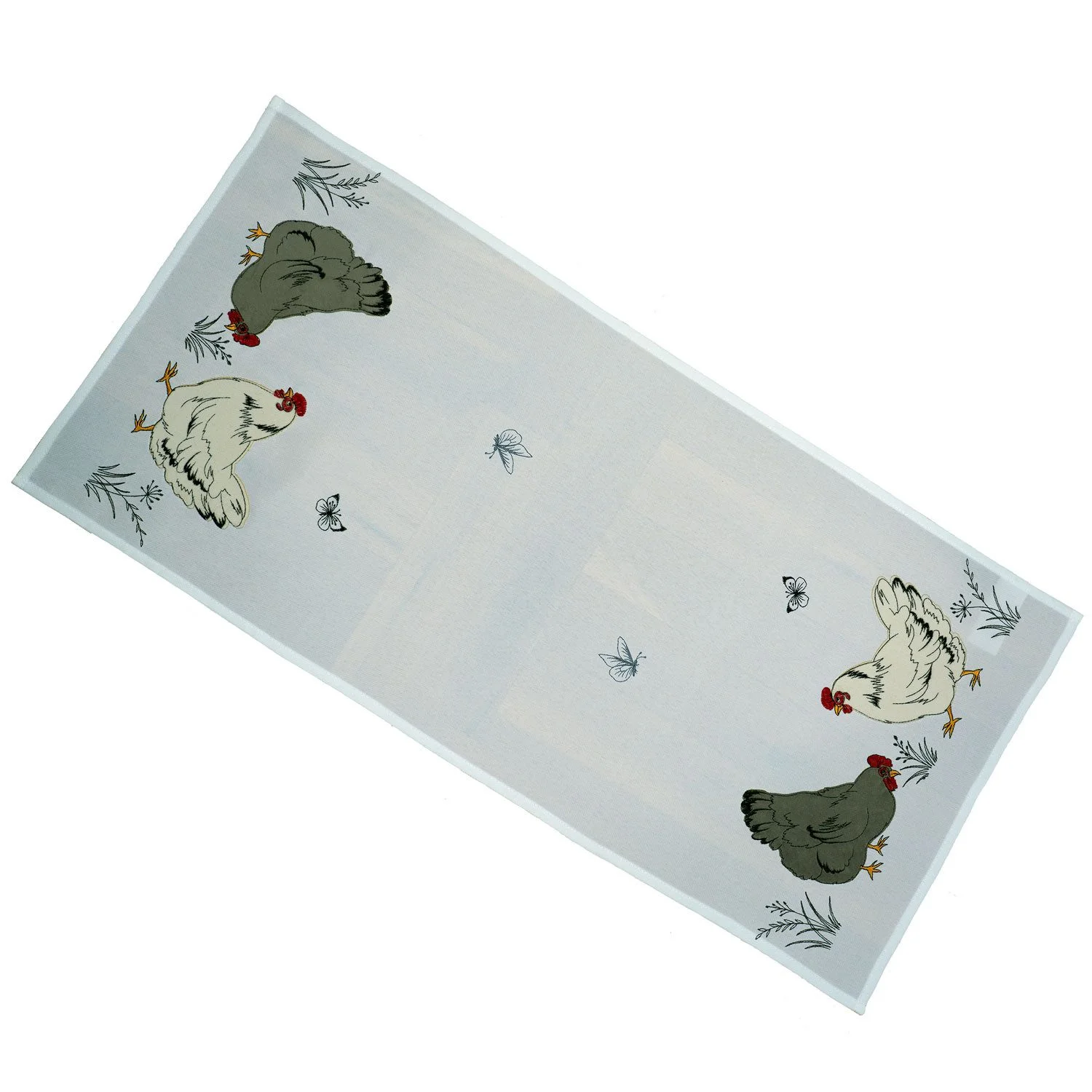 Tischläufer Ostern 40 × 85 cm – Stickerei mit Hühnern & Schmetterlingen